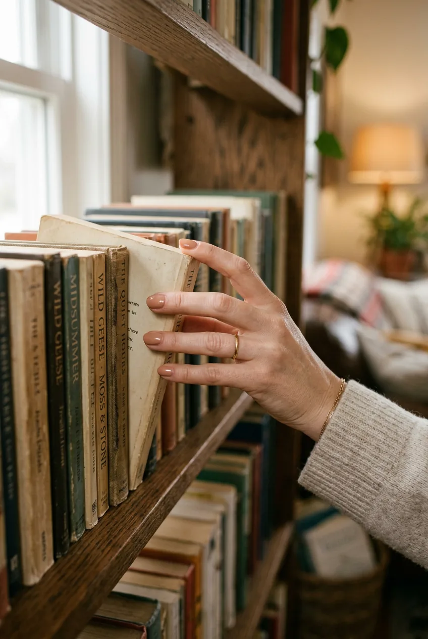 Woman's hand reaching for book on wooden shelf with warm nude shade nail inspo manicure