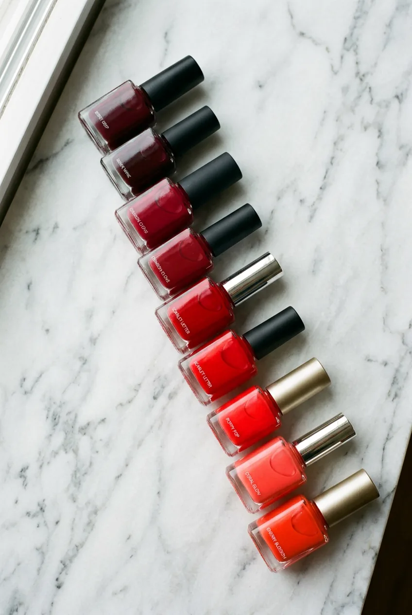 Collection of red nail polish bottles in various shades arranged on white marble surface