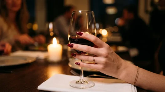 Manicured hand with classic red nails holding wine glass at candlelit dinner table
