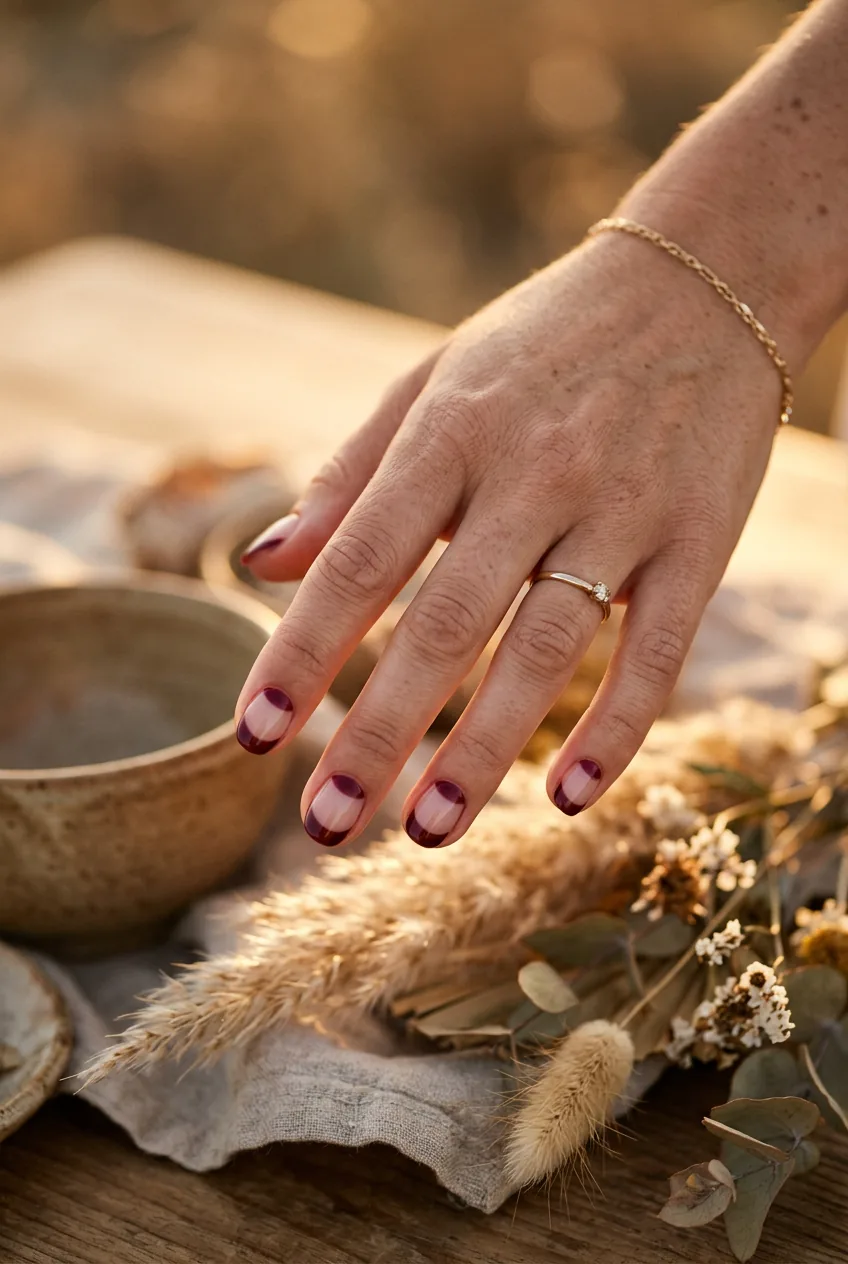 Woman's hand reaching showing reverse french tip design with deep burgundy color at nail base