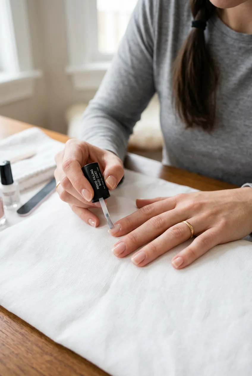 Ridge-filling base coat being applied to buffed natural nail with small brush