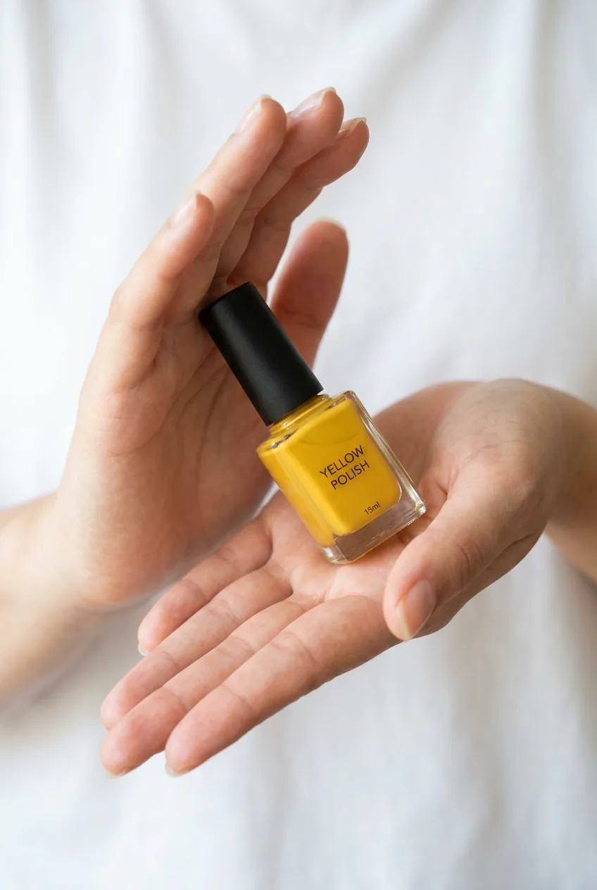 Hands gently rolling yellow nail polish bottle between palms to mix formula properly