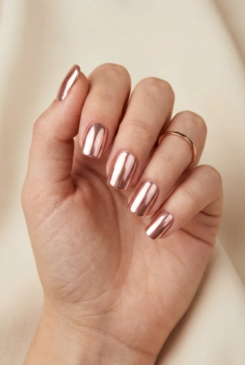 Woman's hand displaying rose gold chrome nails with mirror finish and warm pink undertones