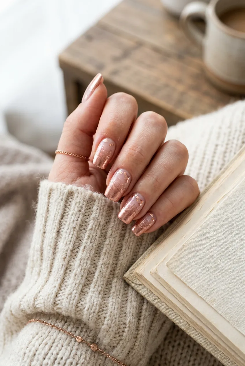 Woman's hand in casual moment displaying rose gold gradient french design with subtle foil details