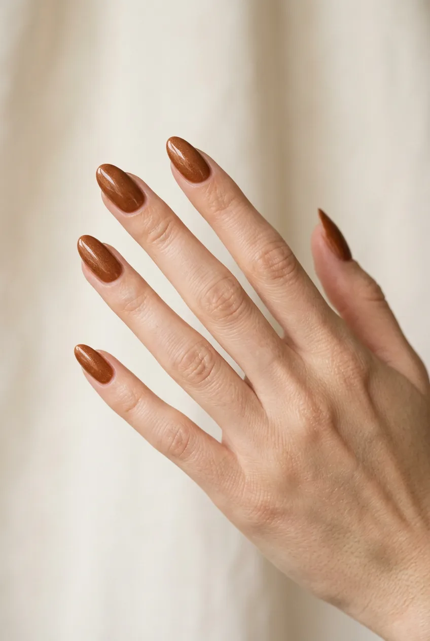 Woman's hand showing rustic brown sugar manicure with warm golden undertones