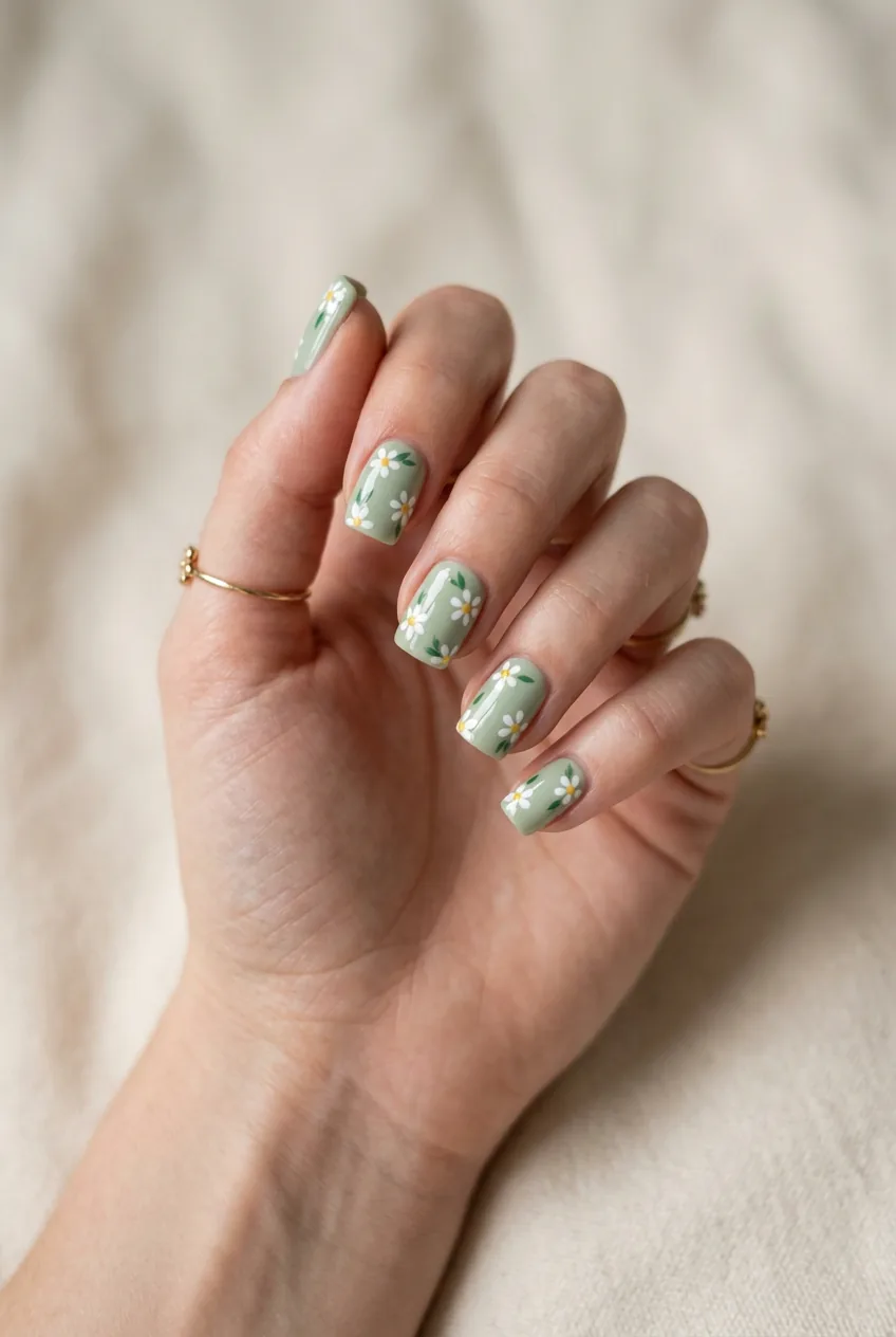 Soft sage green square nails adorned with tiny white daisy flower designs