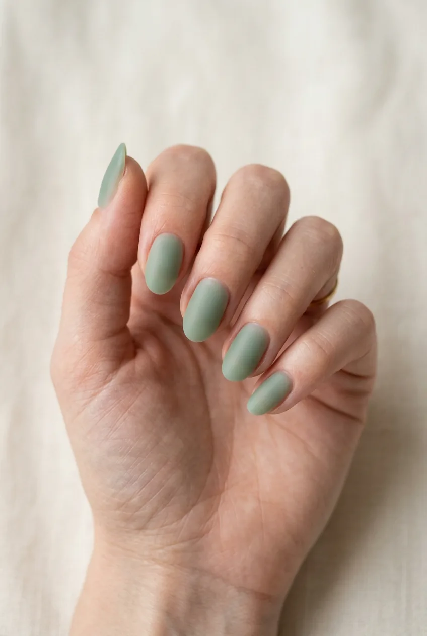 Translucent sage green manicure with frosted glass finish on oval-shaped nails