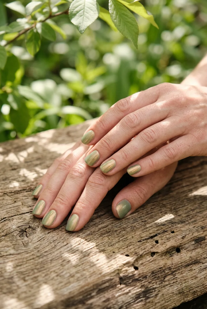 Hands with sage green gold-undertone nail polish against natural wood texture with spring light
