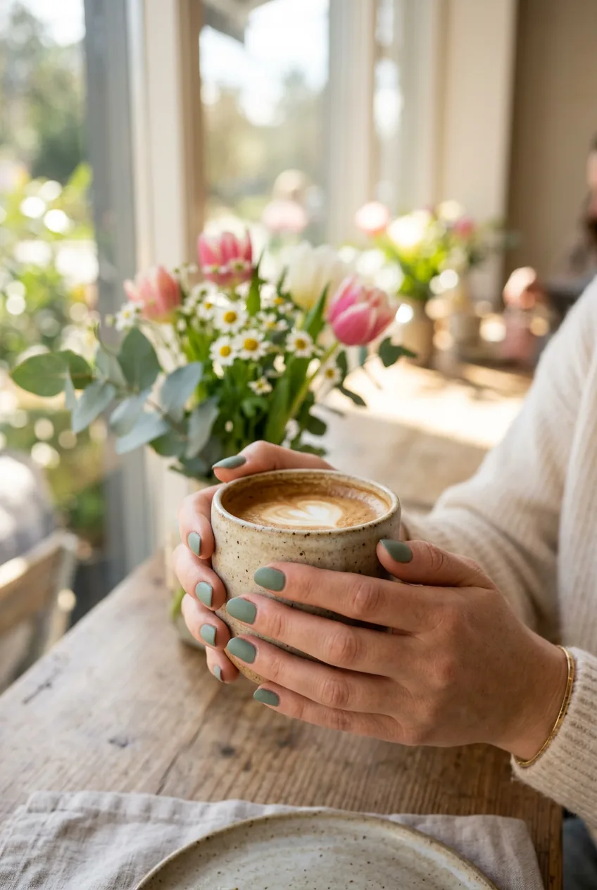 Hands with sage green nail polish holding ceramic coffee cup with spring flowers on table