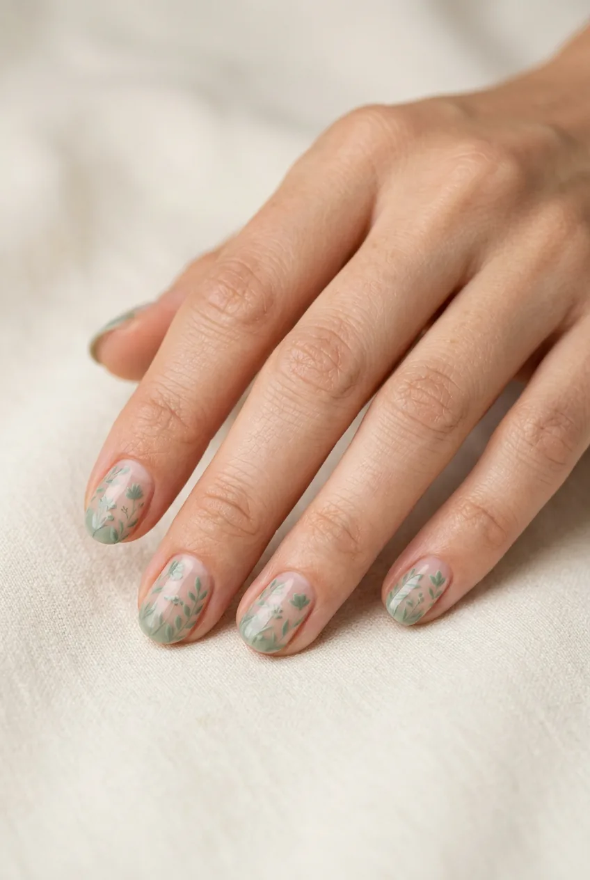 Woman's hand with sage green negative space floral nail art and bare nail details
