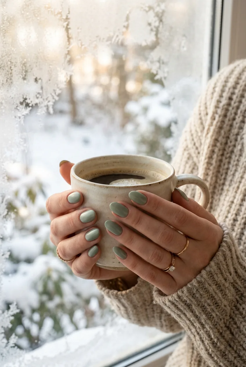 Close-up of hands with sage green nail polish holding coffee mug in cozy winter morning light
