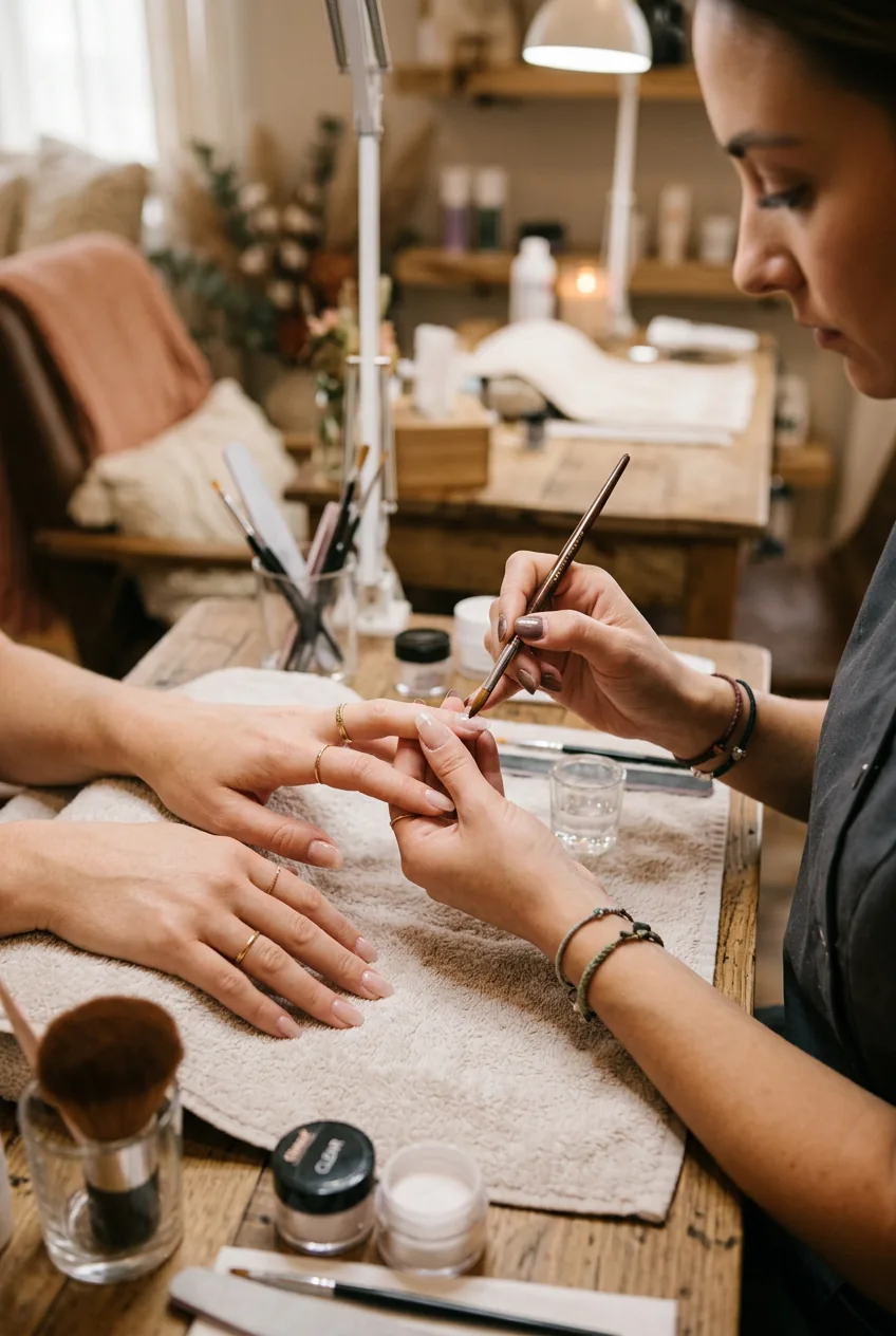 Professional nail technician applying acrylic nails to woman's hands in salon setting with precision tools