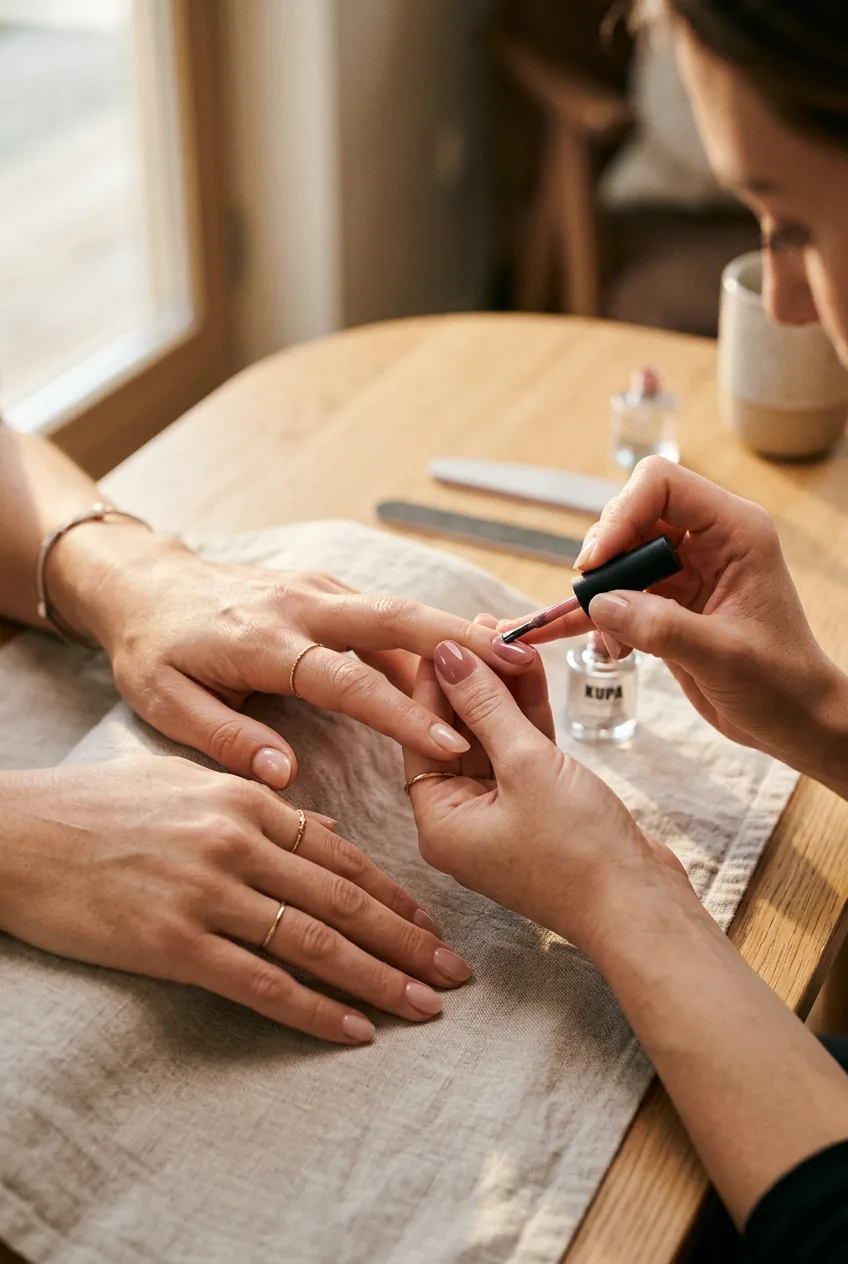 Close-up of gel nail application process at professional salon with precision brush