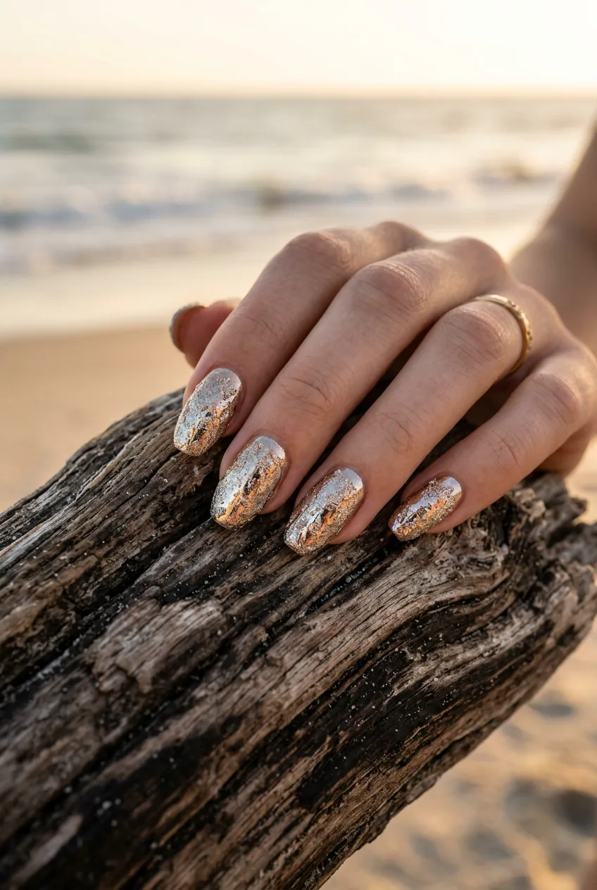 Salt-kissed chrome textured nail finish catching light against weathered driftwood background