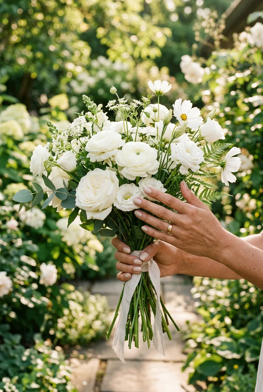 Hands wearing sand dollar beige nail polish holding fresh white flowers in outdoor garden setting