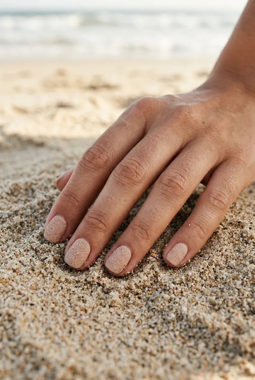 Sandy nude textured nail finish showing visible grit texture against fine beach sand background