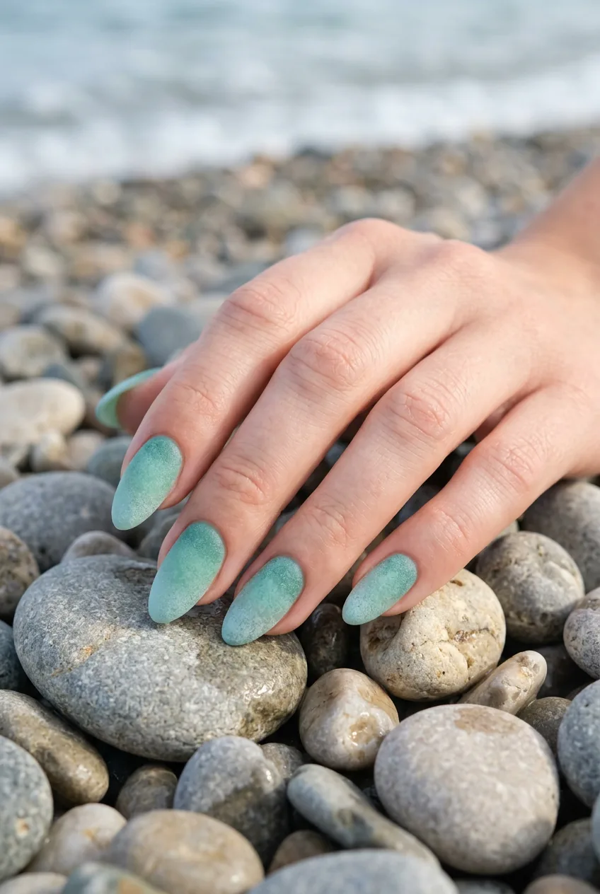 Close-up of sea glass gradient nails showing stippled opacity variations in seafoam green on beach pebbles