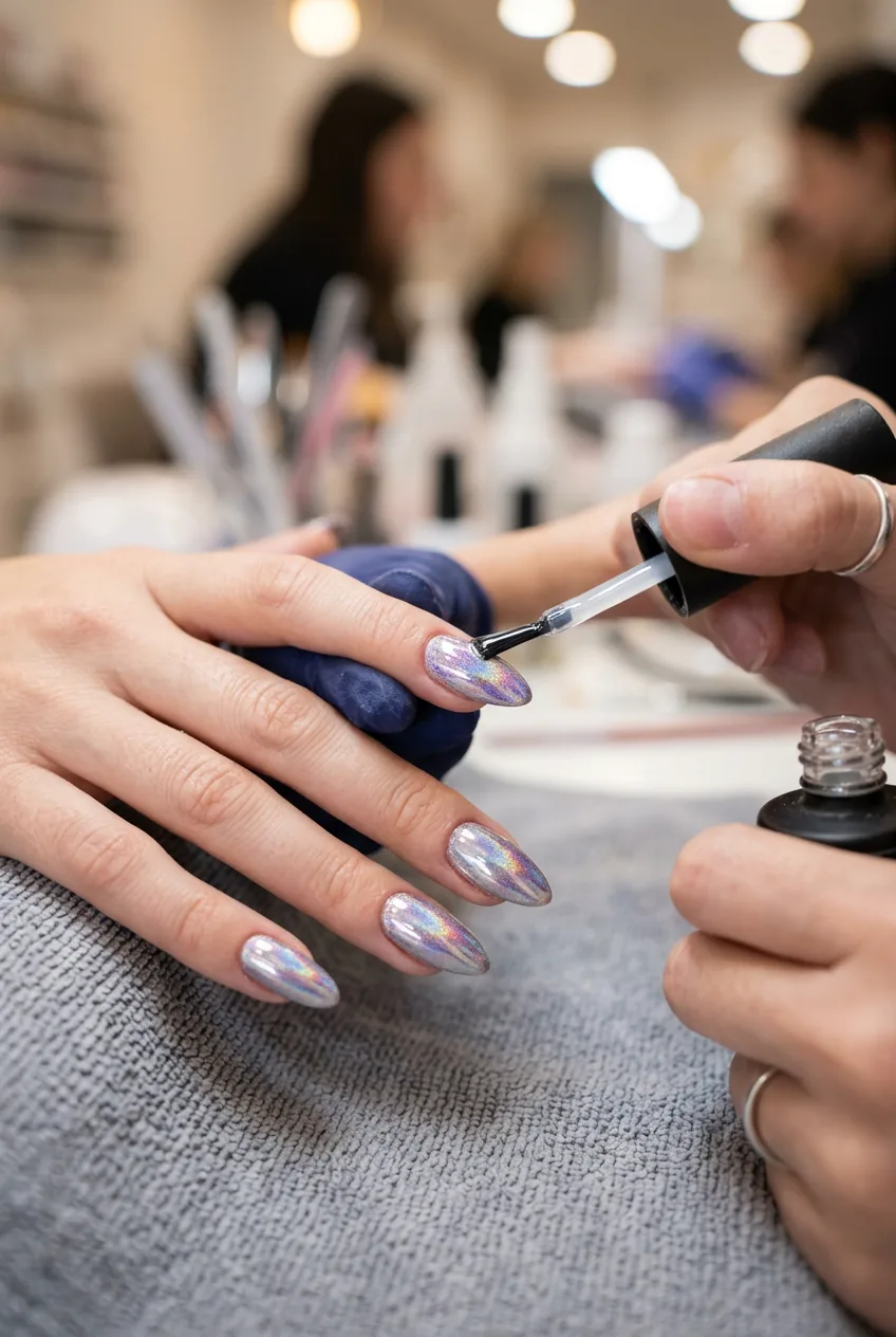 Clear top coat being brushed over completed foil transfer nails for sealing and protection