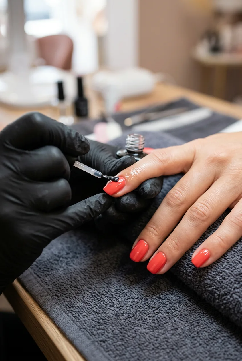Application of clear top coat over fresh nail polish with professional brush technique