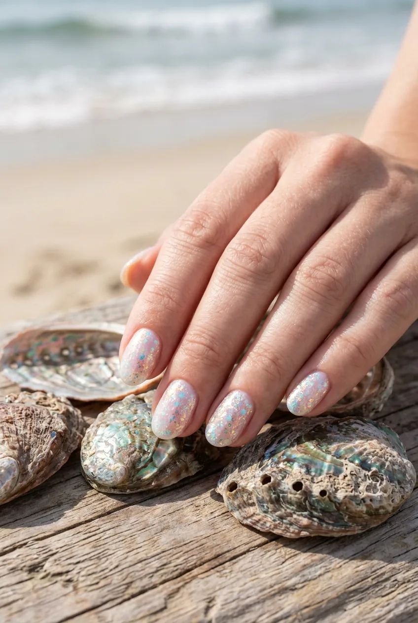 Seashell shimmer nails with iridescent flakes reflecting sunlight beside actual abalone shells