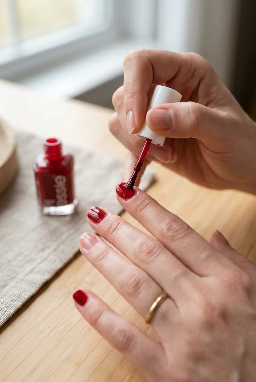 Close-up of woman applying second thin coat of nail polish demonstrating proper technique