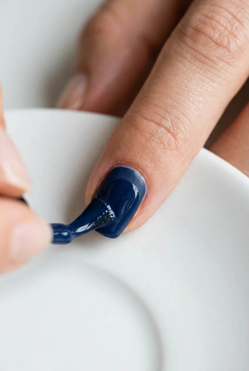 Second coat of deep blue polish being applied over dried first coat for opacity