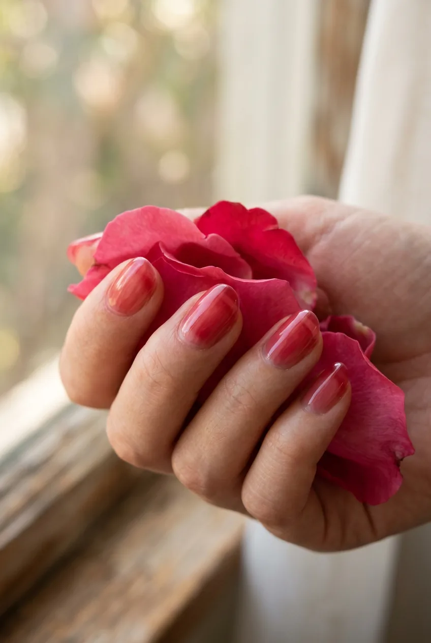 Close-up of fingertips with sheer cherry nail polish holding delicate rose petals