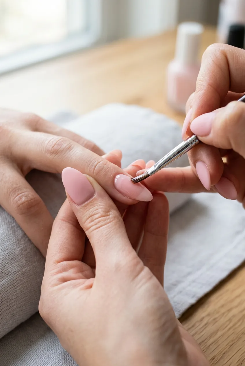 Macro shot of nail art brush applying sheer pink polish over opaque pink base showing layering technique