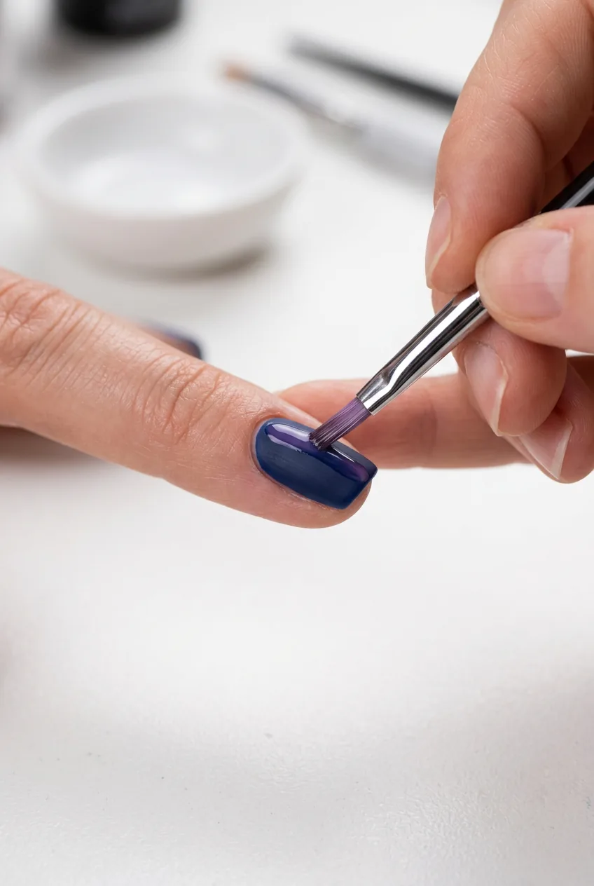 Nail brush applying thin sheer purple layer over blue base creating navy depth