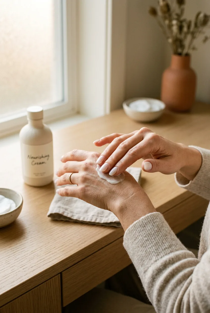 Woman applying hand cream showing translucent milky white gel manicure at vanity