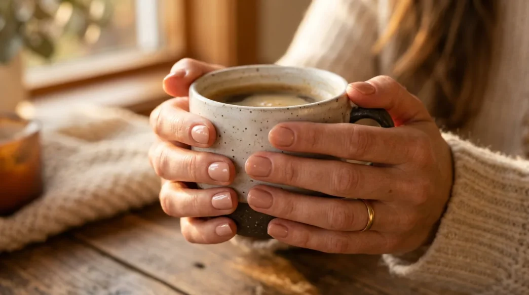 Woman's hands holding coffee cup showing short natural nails with nude polish in warm lighting