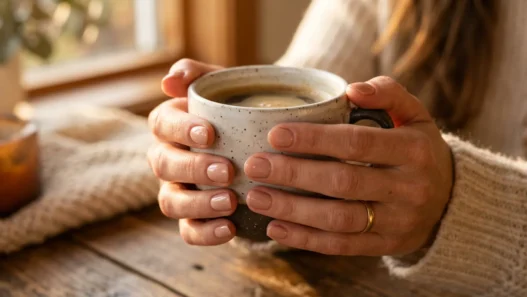 Woman's hands holding coffee cup showing short natural nails with nude polish in warm lighting