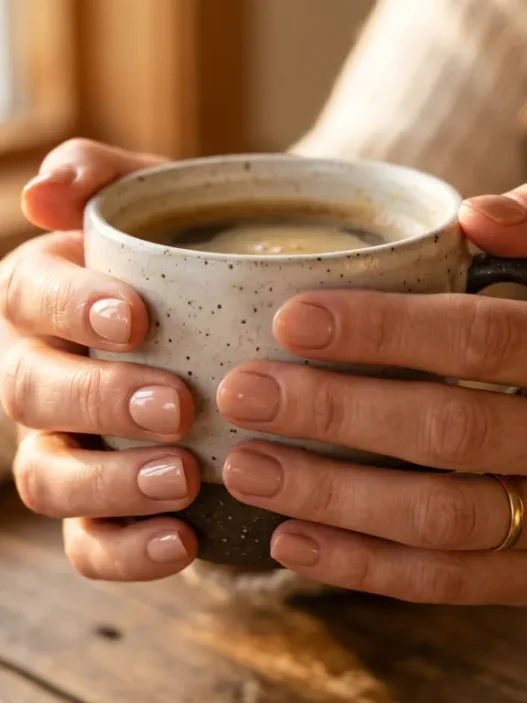 Woman's hands holding coffee cup showing short natural nails with nude polish in warm lighting
