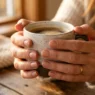 Woman's hands holding coffee cup showing short natural nails with nude polish in warm lighting