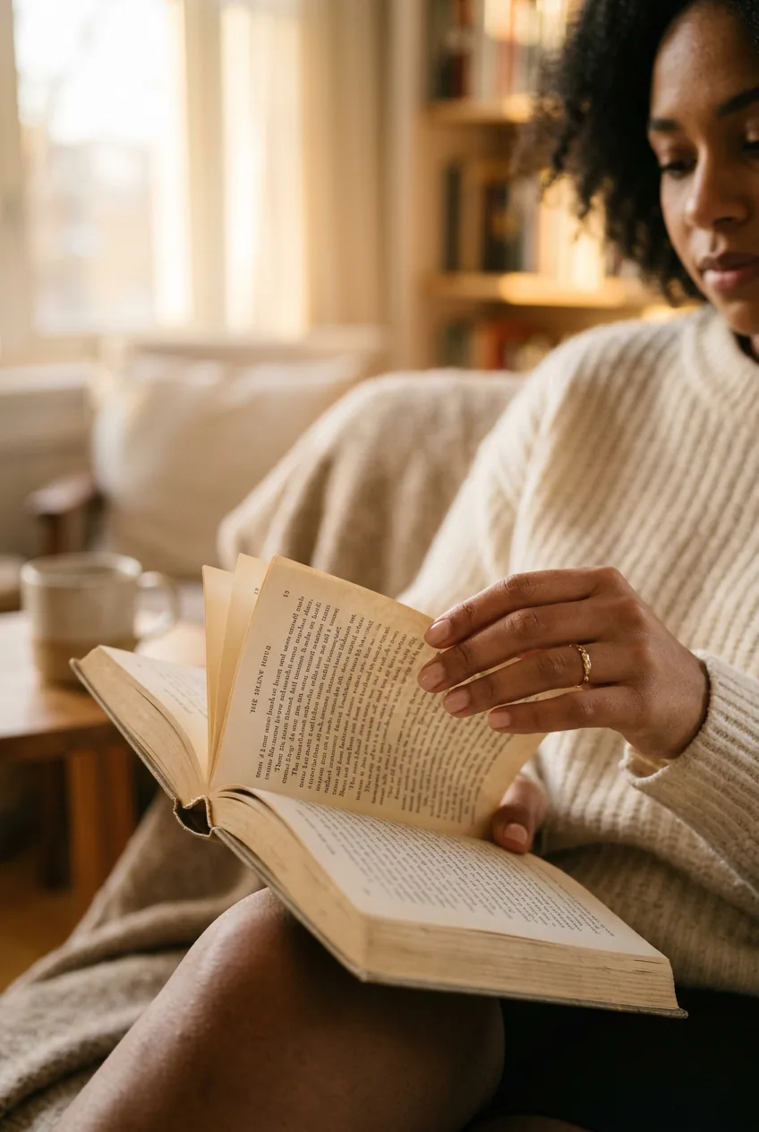 Woman's hands with short clean manicure in candid moment while reading book