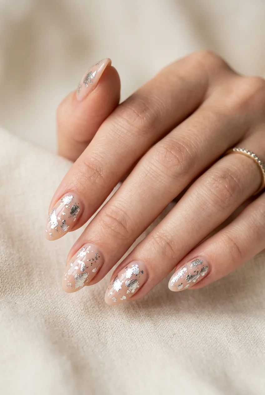 Woman's hand showing silver foil abstract art with irregular metallic pieces on nude base