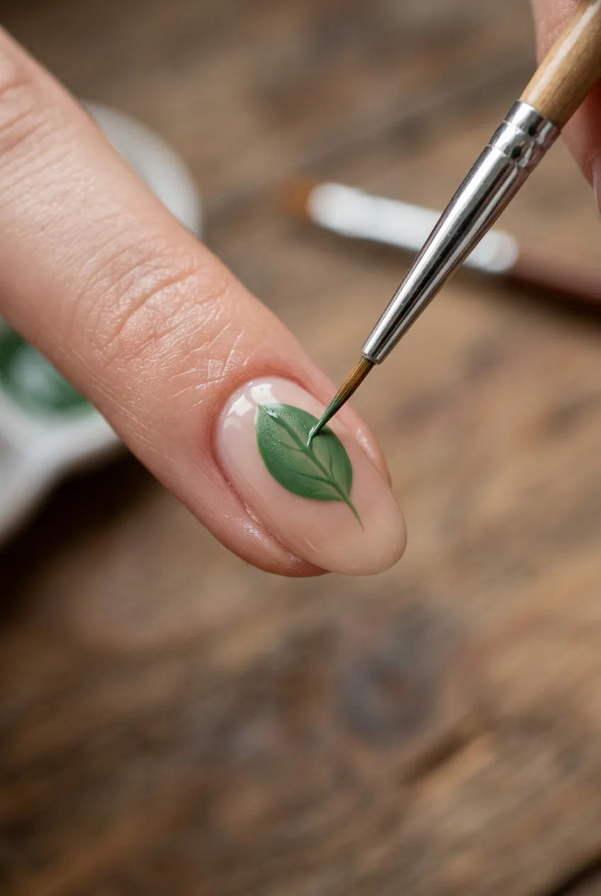 Simple leaf design being painted with liner brush on nude nail in macro detail