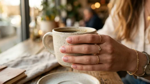 Woman's hand with fresh simple manicure in soft pink resting naturally in golden hour lighting