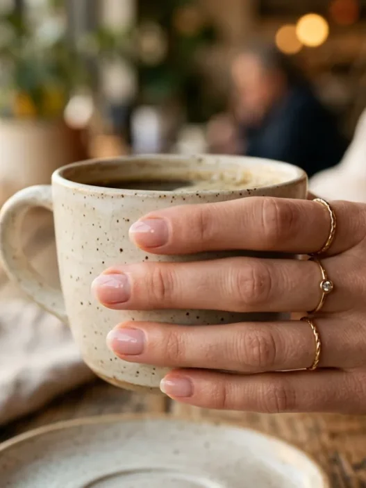 Woman's hand with fresh simple manicure in soft pink resting naturally in golden hour lighting