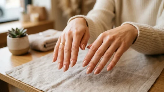Woman's hands showing completed simple nude manicure with glossy finish on salon table