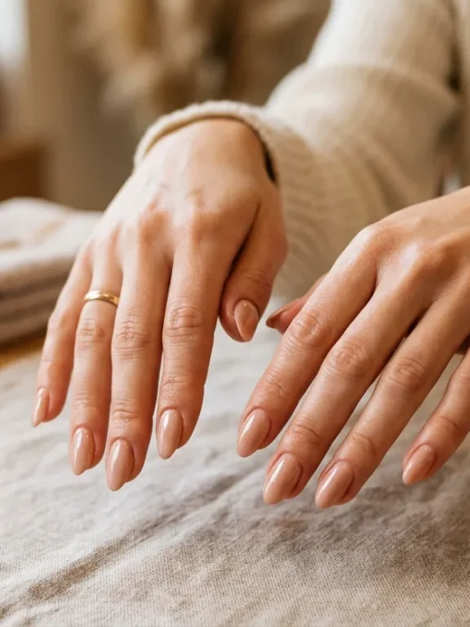 Woman's hands showing completed simple nude manicure with glossy finish on salon table