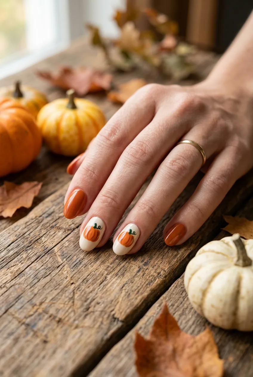 Simple orange pumpkin nail art with green stems on accent nails surrounded by mini decorative pumpkins
