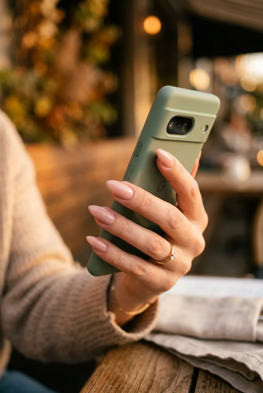 Woman holding smartphone showcasing architectural shaped gel nails with glossy finish