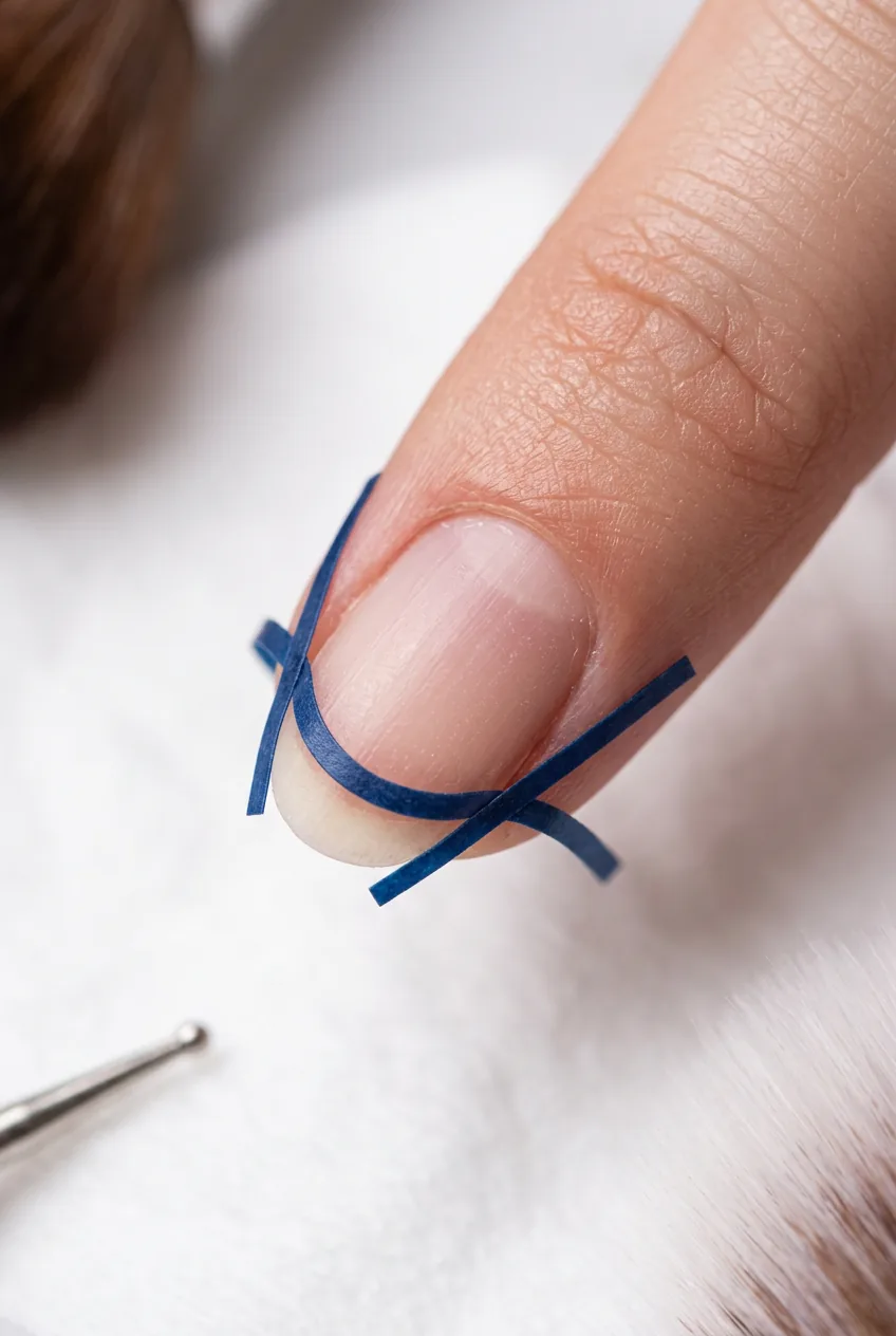 Curved tape guide following natural nail geometry to map perfect French tip smile line