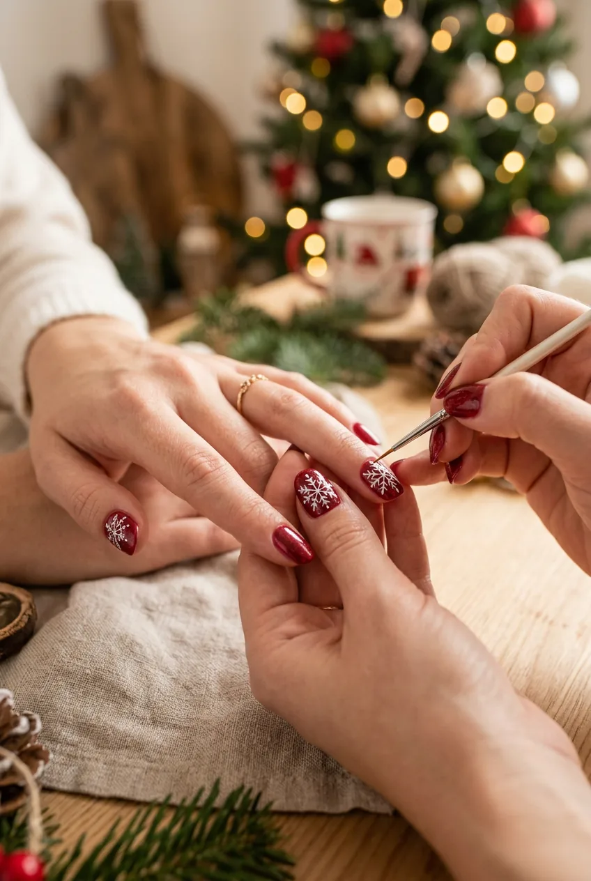 Delicate white snowflake designs being painted on red nails using fine detail brush