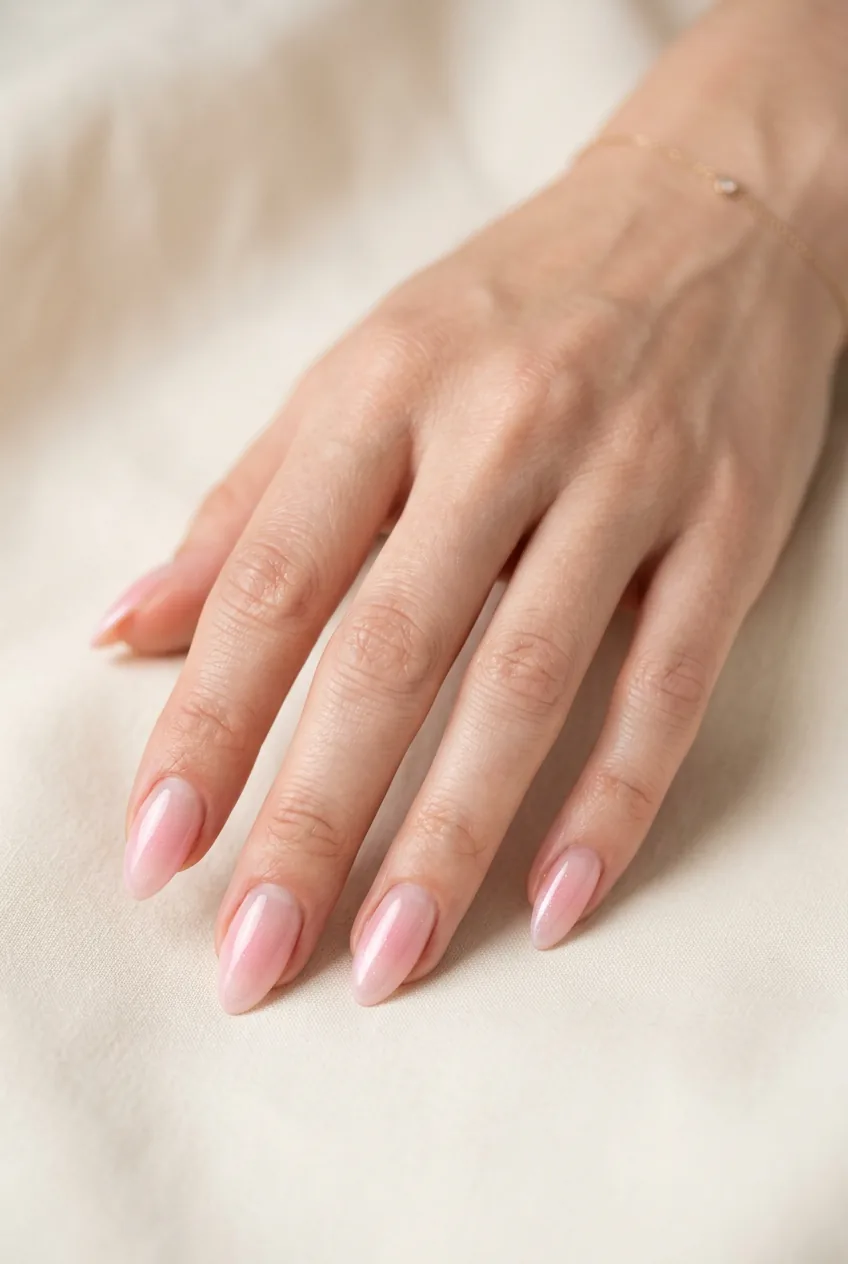 Woman's hand showing soft pink ombre almond nails with shimmer effect and gradient