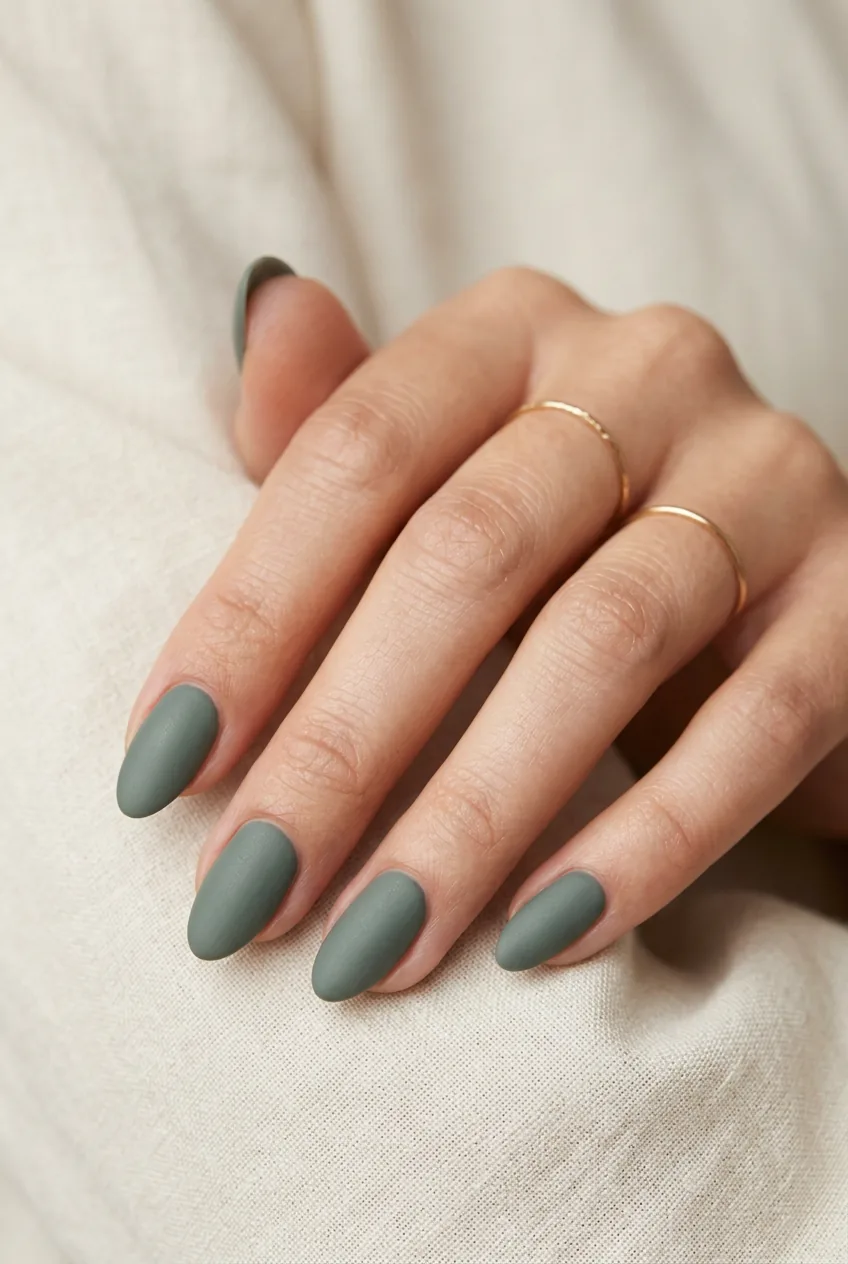Woman's hand displaying sophisticated sage green matte nails in dusty green shade