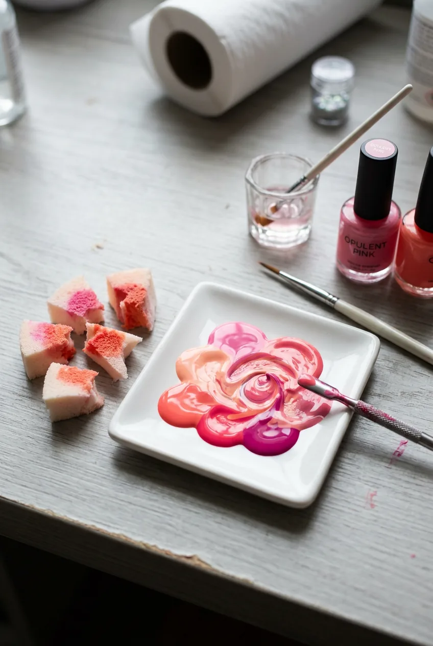 Makeup sponge pieces and nail polish color mixing palette for gradient technique