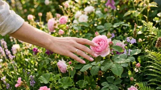 Manicured hand with spring nail polish reaching toward fresh flower bloom in garden setting