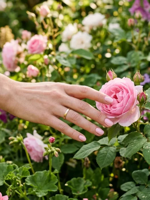 Manicured hand with spring nail polish reaching toward fresh flower bloom in garden setting